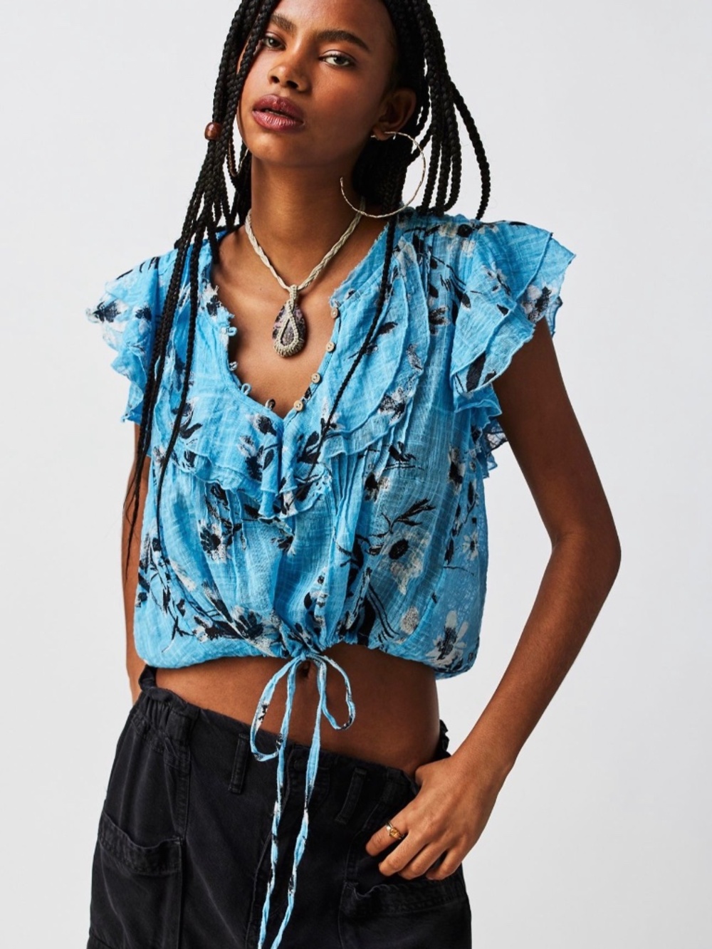 FP One Blue Floral Gauze Ruffle Tie‎ Front Boho Peasant Top XS/P